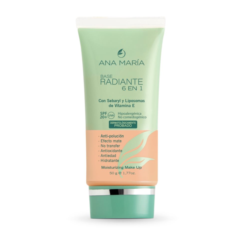 BASE ANA MARIA RADIANTE 6 EN 1 MEDIO ENVASE X 50 G ANA MARIA  x 1 UND Base ligera de alto cubrimiento, con efecto mate natural, contiene Sebaryl FL y Liposomas de Vitamina E que ayudan a controlar el brillo en la piel. Fórmula hipoalergénica, de alta tolerancia.