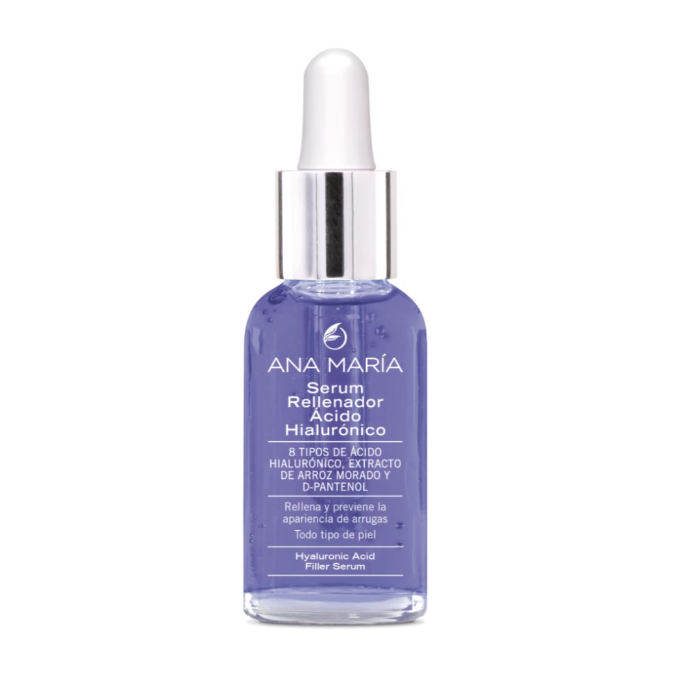 SERUM ANA MARIA RELLENADOR ACIDO HIALURONICO ENVASE X 30 ML ANA MARIA Caja x 1 UND Suero facial que hidrata mejorando la apariencia de la piel, incrementando su elasticidad y firmeza. Fórmula única, que contiene extracto de Arroz Morado, que aportan propiedades antioxidantes y amino