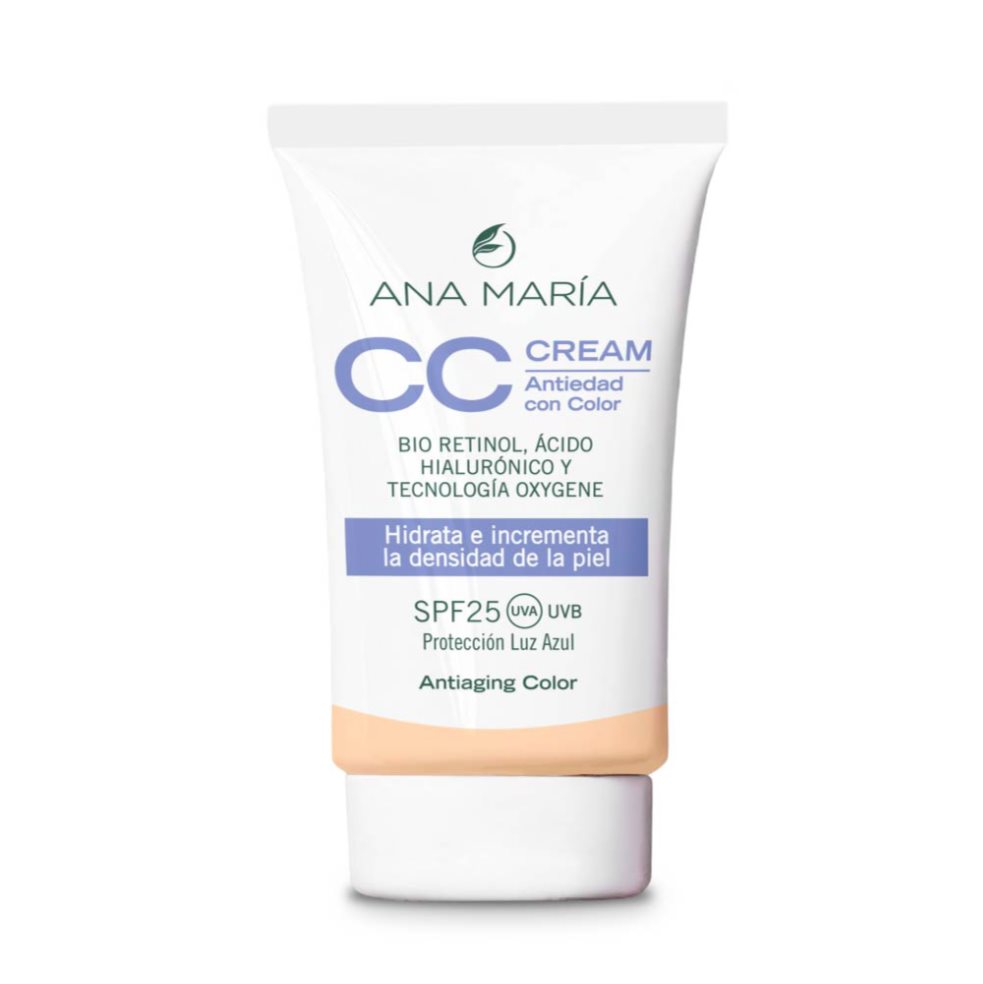 CC CREAM ANA MARIA ANTIEDAD CON COLOR CLARO ENVASE X 30 G ANA MARIA  x 1 UND Crema facial antiedad, combinación perfecta entre Bio Retinol, Acido Hialuronico y extracto de frutos amarillos, que reduce los signos del envejecimiento y perfeccionan la piel. Función antioxidante, 