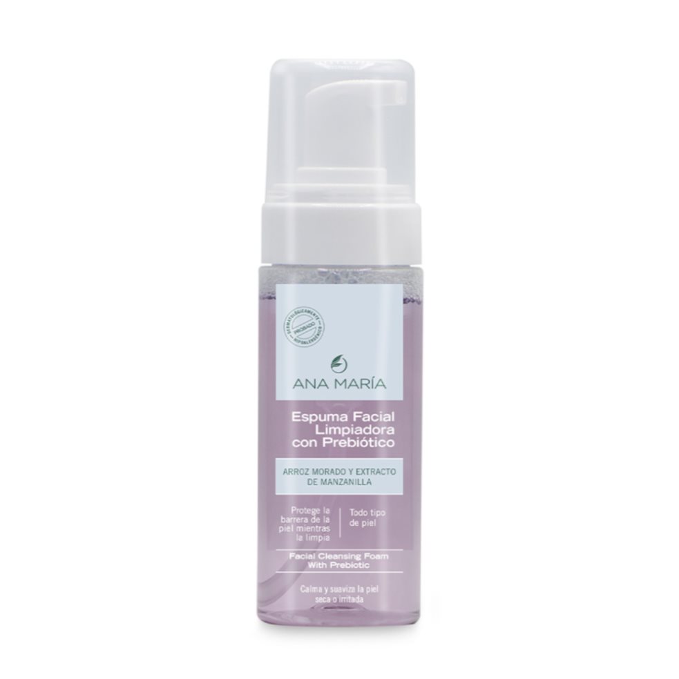ESPUMA ANA MARIA FACIAL LIMPIADORA CON PREBIOTICO ENVASE X 145 ML ANA MARIA ENVASE EN PET CON VALVULA DOSIFICADORA x 1 UND Espuma facial limpiadora con Prebiótico que protege la barrera de la piel. Elaborada con extractos de Arroz Morado y extracto de Manzanilla que dejan la piel suave y revitalizada. Desarrollada para to