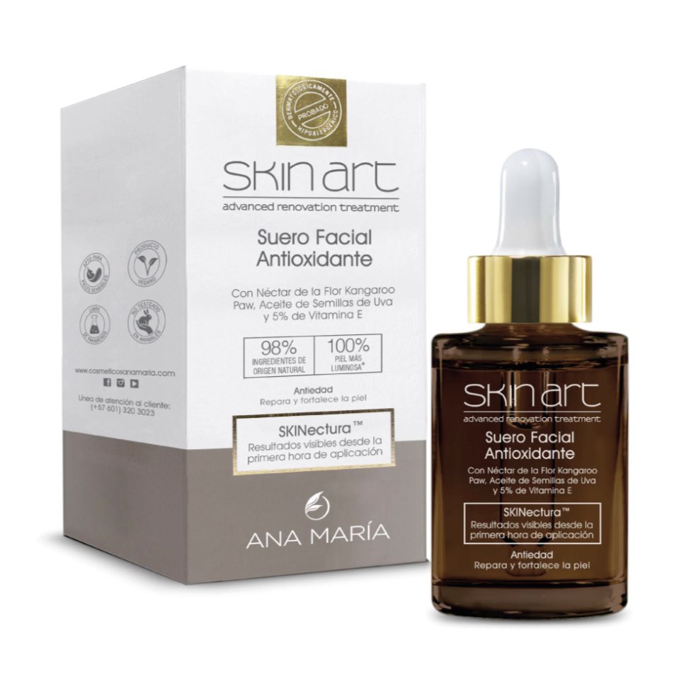 SUERO ANA MARIA FACIAL ANTIOXIDANTE SKIN ART ENVASE X 30 ML ANA MARIA  x 1 UND Elaborada con Tecnología SKINectura, que contiene Néctar de la Flor Kangaroo Paw, planta endémica de Australia, un exclusivo extracto antiedad que promueve el equilibrio perfecto entre elasticidad, f