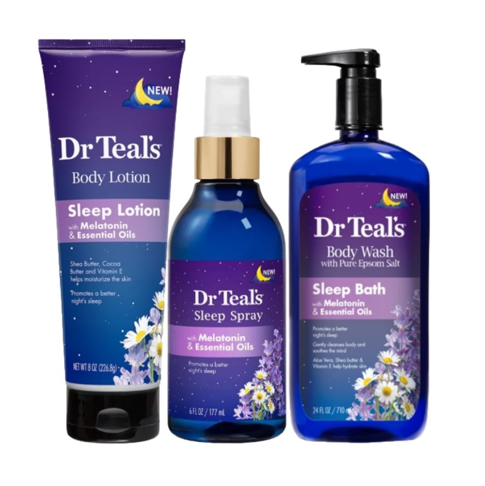 Dr. Teals Combo Dulces Sueños (3 Piezas) Dr. Teals Pote x 3 Despide el día con una experiencia de relajación total. El combo Dulces Sueños con Melatonina de Dr Teal’s combina tres productos especialmente formulados para calmar el cuerpo, relajar la mente y pre