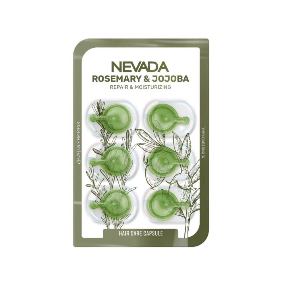 Capsula Romero & Jojoba Nevada BLISTER x 6 Und Cápsula capilar biodegradable con romero y aceite de jojoba que ayuda a fortalecer, hidratar y revitalizar el cabello, devolviéndole un aspecto saludable y renovado.