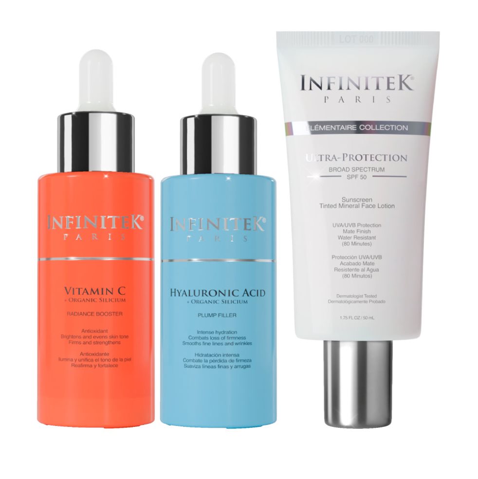 Kit Essential + Cosmetiquera Gratis INFINITEK PARIS INFINITEK PARIS SERUM FACIALES x 3 3 productos infaltables para realzar la belleza del rostro ¡Tu piel lo amará! Suaviza, hidrata, reafirma, protege, ilumina, aclara y unifica el tono de la piel. ¿Qué esperas para probarlo? Resultados 