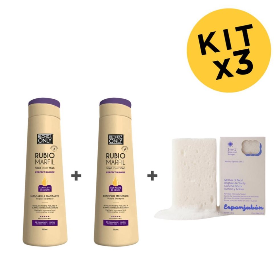 KIT X 3 Blondz Only Rubio Marfil 350 ml (Shampoo 1 und, Mascarilla Matizante 1 und y Esponjabón Concha Nácar 1 und) Esponjabon 350ml x 1 Esponjábon, elaborado con base de glicerina, ofrece un efecto exfoliante mientras limpia, hidrata y suaviza la piel. Es apto para todo tipo de piel, hipoalergénico y aprobado por dermatólogos, ideal p