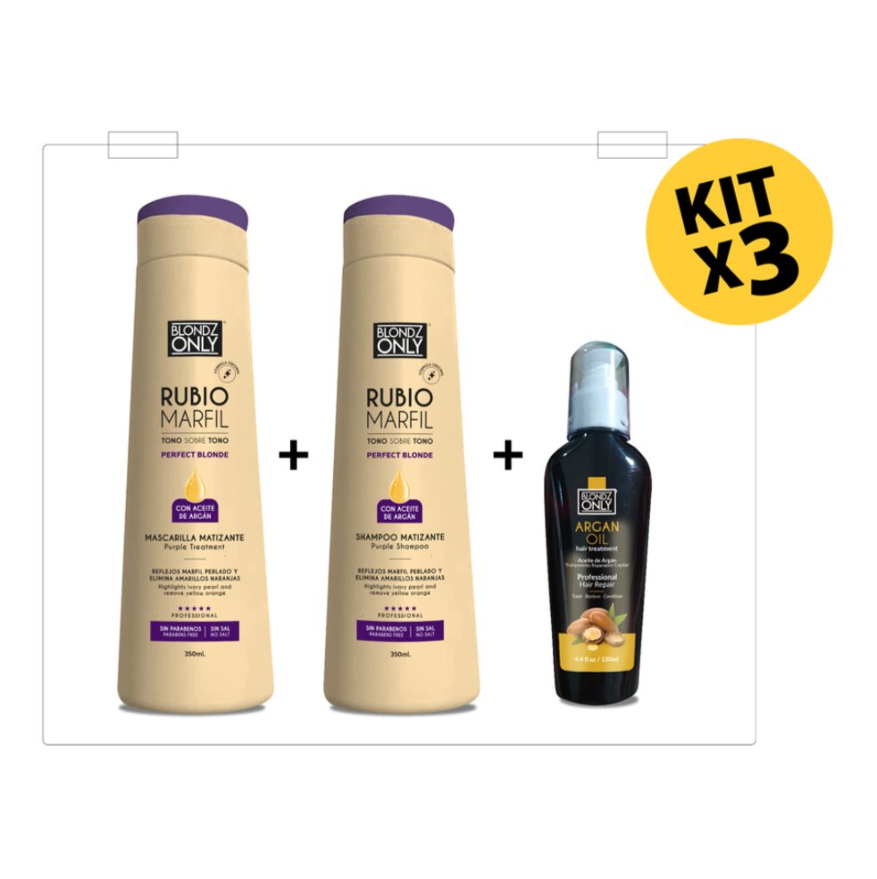 KIT X 3 Blondz Only Rubio Marfil 350 ml (Shampoo 1 und, Mascarilla 1 und y Aceite de argan 1 und)  Blondz Only 350 ml x 3 