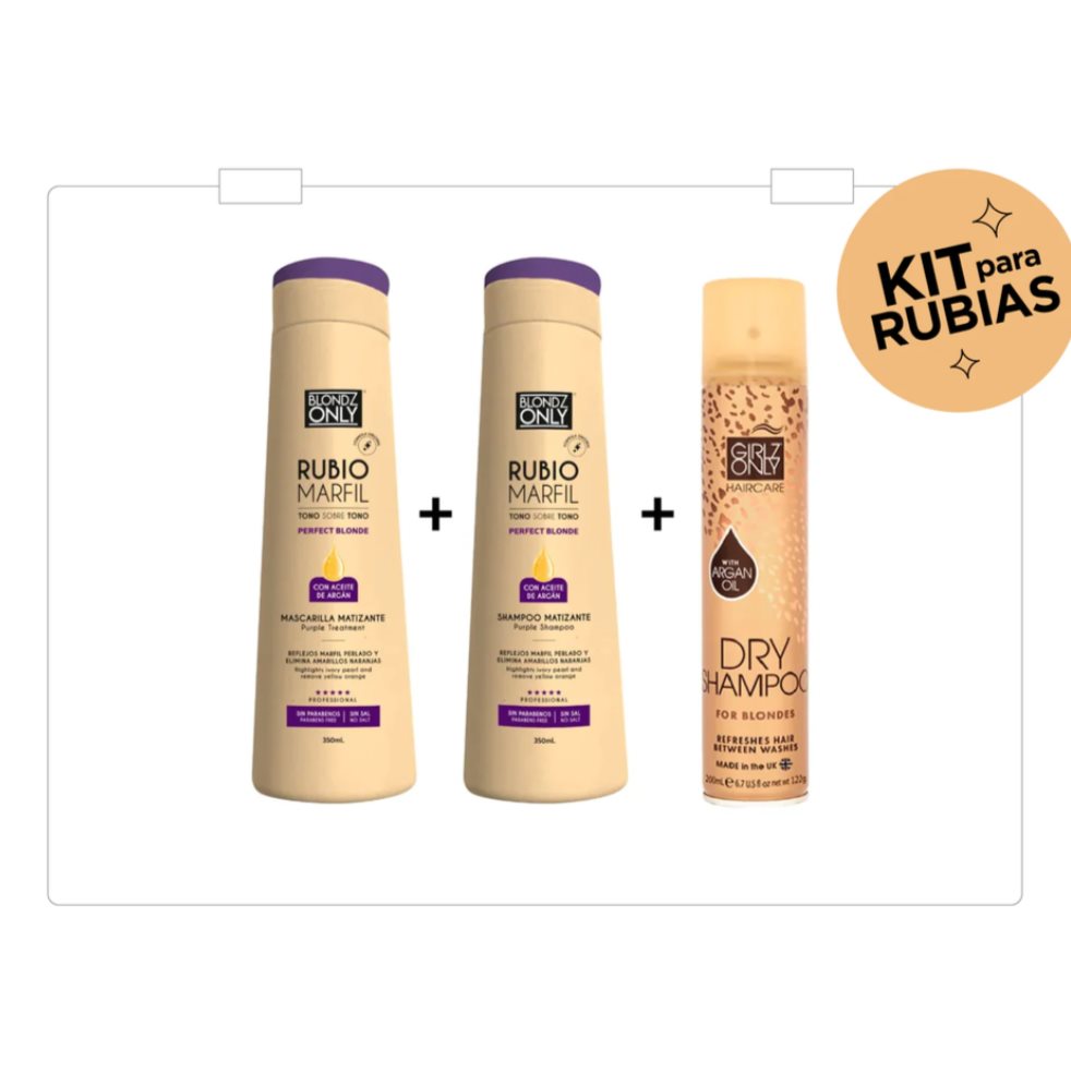 KIT para Rubias Blondz Only y Girlz Only X 3 Und Blondz Only 350ml x 3 und Para cabello rubio y claro. Un shampoo seco de suave color que instantáneamente le da nueva vida al cabello opaco, liviano y rubio entre los lavados para dejar el cabello fresco y lleno de cuerpo. Tam