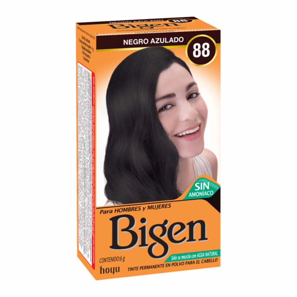Tinte Bigen Ref 88 Negro Azulado Sin Amoniaco Permanente en Polvo x 6 g Bigen Bigen es un tinte permanente en polvo que no contiene amoniaco y se mezcla con agua, es suave con el cabello gracias a su fórmula  x 1 Bigen es un tinte permanente en polvo que no contiene amoniaco y se mezcla con agua, es suave con el cabello gracias a su fórmula desarrollada con tecnología Japonesa a base de extractos naturales de 