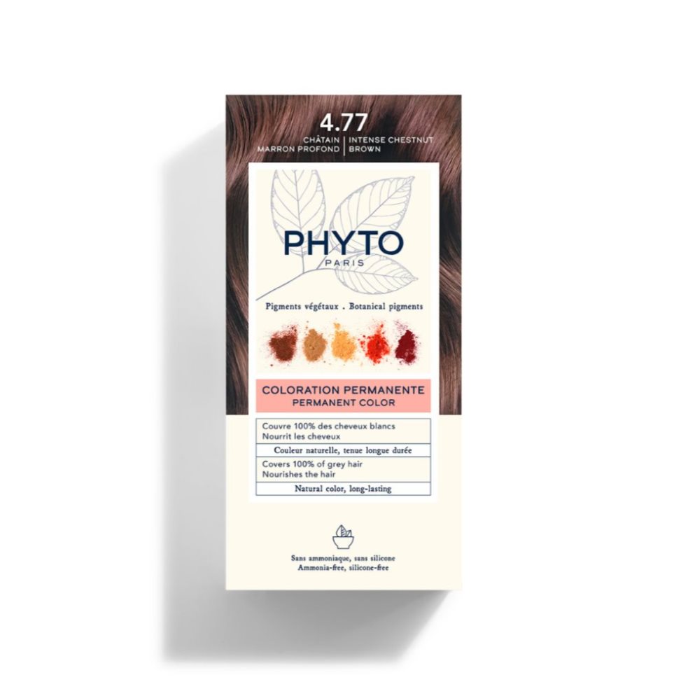 Tinte Phyto Color 4.77 Castaño Marrón PHYTO caja x 1 Una fórmula enriquecida con pigmentos vegetables seleccionados y fabricados en Francia que provienen de 5 plantas de tinción que aportan reflejos naturales y luminosos.Con un mínimo de 7 pigmentos por