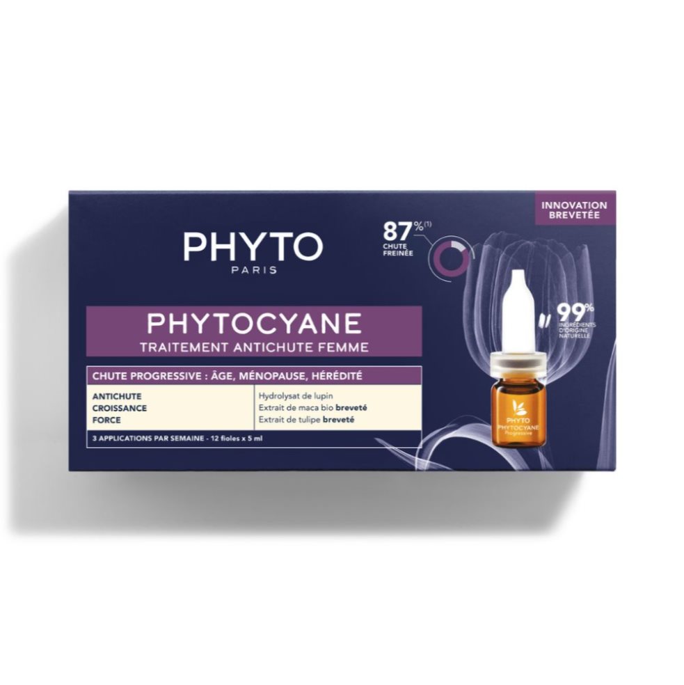Tratamiento Phytocyane Anticaída Progresivo Mujer PHYTO caja con 12 Ampolletas x 1 innovación PATENTADAUn concentrado de activos de origen natural para una triple eficacia triple acción.CAÍDA FRENADA, CRECIMIENTO ESTIMULADO, CABELLO SUBLIMADO87%(1)caída frenadaCrecimiento estimulado