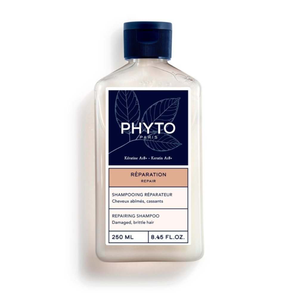 Shampoo Phyto Reparación 250 ml PHYTO Set x 1 El shampoo REPARACIÓN limpia con suavidad y repara los cabellos estropeados y quebradizos. En el corazón de la fórmula, un nuevo complejo biomimético ;KeratineA18+; procedente de la investigación vege