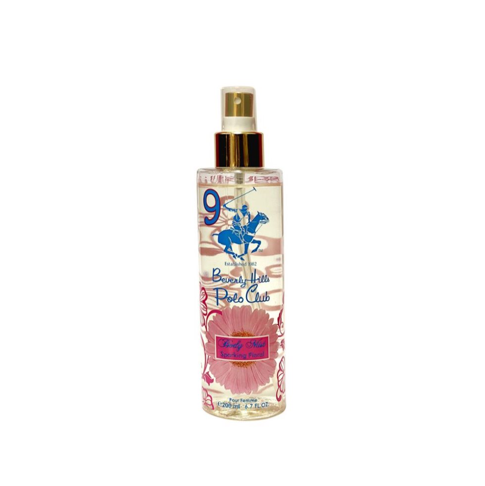 BHPC WOMEN BODY MIST #9 BL 200ML BEVERLY HILLS POLO CLUB caja x 1 Beverly Hills Polo Club Body Mist No. 9 Sparkling Floral está envuelta en notas de salida de sorbete de frambuesa y naranja sanguina. El delicado corazón floral se mezcla con madreselva, flor de azaha