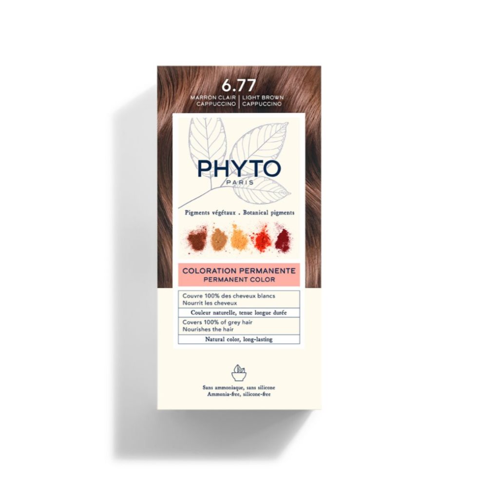 Tinte Phyto Color 6.77 Marrón Claro PHYTO caja x 1 Una fórmula enriquecida con pigmentos vegetables seleccionados y fabricados en Francia que provienen de 5 plantas de tinción que aportan reflejos naturales y luminosos.Con un mínimo de 7 pigmentos por