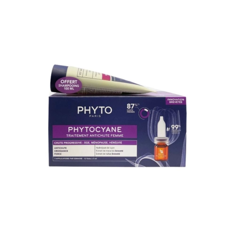 Set Phytocyane + Shampoo Mujer Progresiva PHYTO Set x 1 PHYTOCYANE Tratamiento Anticaída Mujerinnovación PATENTADAUn concentrado de activos de origen natural para una triple eficacia triple acción.CAÍDA FRENADA, CRECIMIENTO ESTIMULADO, CABELLO SUBLIMADOEst
