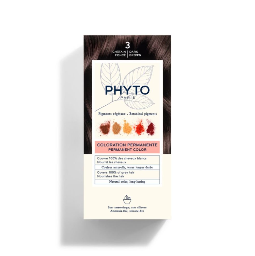 Tinte Phyto Color 3 Castaño Oscuro PHYTO caja x 1 Una fórmula enriquecida con pigmentos vegetables seleccionados y fabricados en Francia que provienen de 5 plantas de tinción que aportan reflejos naturales y luminosos.Con un mínimo de 7 pigmentos por