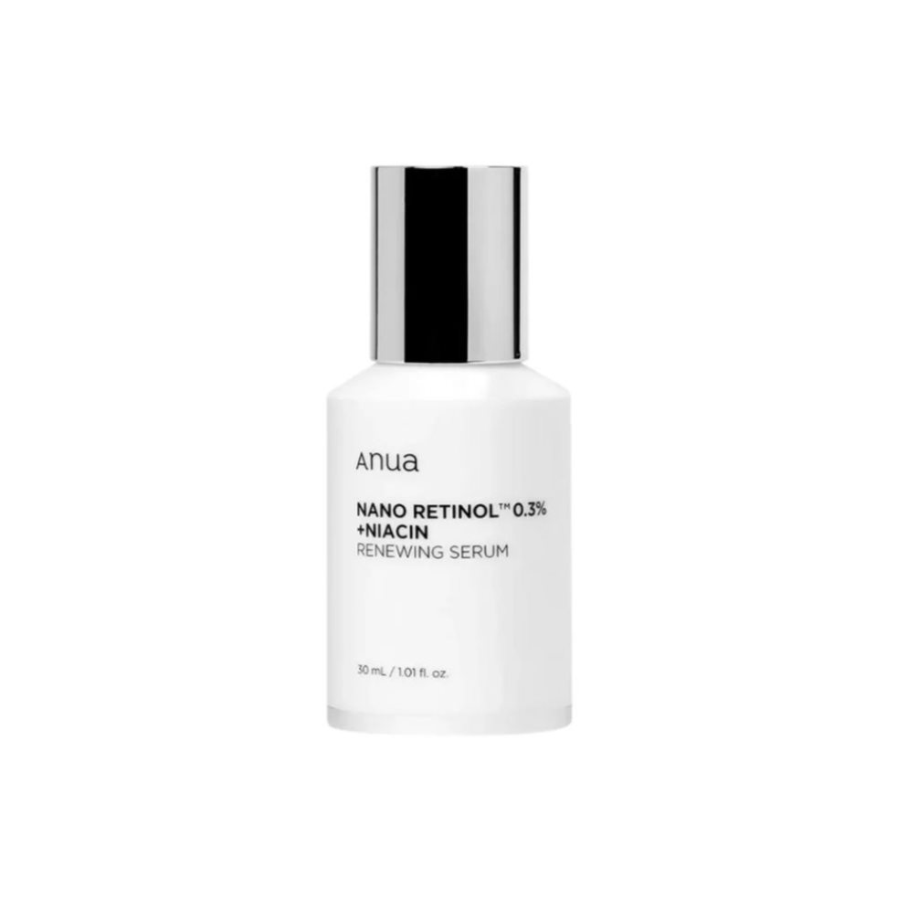 Anua Retinol 0.3 Niacin Renewing Serum Anua 30ml x 1 Sérum con 0.3% de retinol y 5% de niacinamida, ideal para mejorar la textura, tono y líneas de expresión. Contiene 8 péptidos y 5 ceramidas que refuerzan la hidratación y la firmeza de la piel.