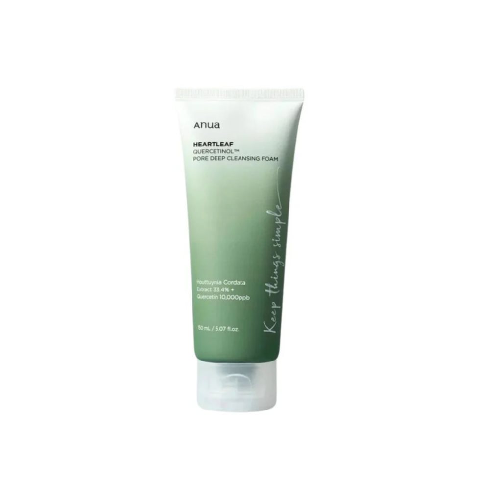 Anua Heartleaf Quercetinol Pore Deep Cleansing Foam Anua 150ml x 1 Espuma limpiadora profunda con Heartleaf (33%), Quercetinol y Ácido Salicílico. Ideal para pieles mixtas a grasas con acné, elimina impurezas, reduce puntos negros y calma rojeces sin resecar.