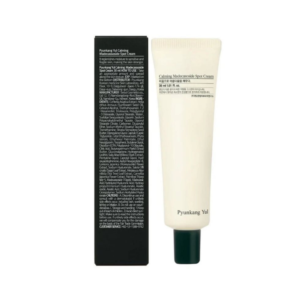 PyunkangYul Calming Madecassoside Spot Cream PyunkangYul 30ml x 1 Tratamiento localizado para piel con acné. Con Árbol de Té y Centella Asiática, calma granos, reduce rojeces e inflamación, y previene cicatrices. Incluye PHA y Sauce Blanco para exfoliar suavemente.