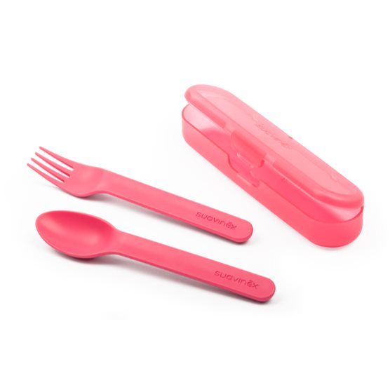 Suavinex Set de cuchara y tenedor Booo Rosa Suavinex Caja x 3 Set de cubiertos para bebé con estuche, diseñados para que el bebé pueda utilizarlos solito a partir de los 12 meses y aprenda a usar la cuchara y el tenedor.