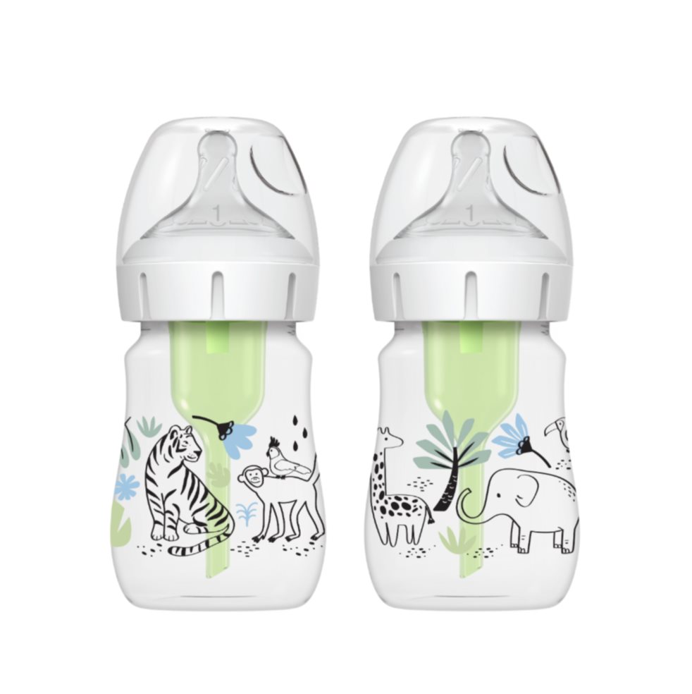 Teteros Dr Brown Decorado Jungla Option+ Boca Ancha 5 Oz x 2 Dr Browns Botella x 1 Tus opciones nunca han sido mejores que con el biberón de cuello ancho Anti-Colic Options+ de Dr. Brown's Natural Flow, ahora en una presentación estampada con divertidos dibujos infantiles pero conse