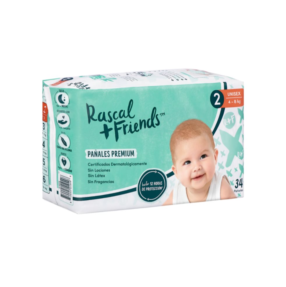 Pañales Rascals Baby Talla-2 Bebe de 4 a 8 Kg X 34 Unds Rascals Baby Paquete x 34 
