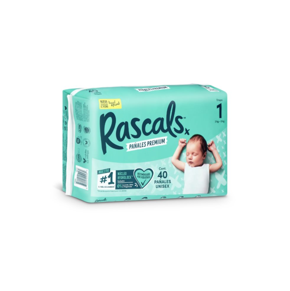 Pañales Rascals Baby Talla-1 Bebé de 3 a 5 Kg por 40 Unds Rascals Baby Paquete x 40 Pañales Rascals Baby Talla-1 Bebé de 3 a 5 Kg por 40 Unds Rascals Baby Paquete x 40