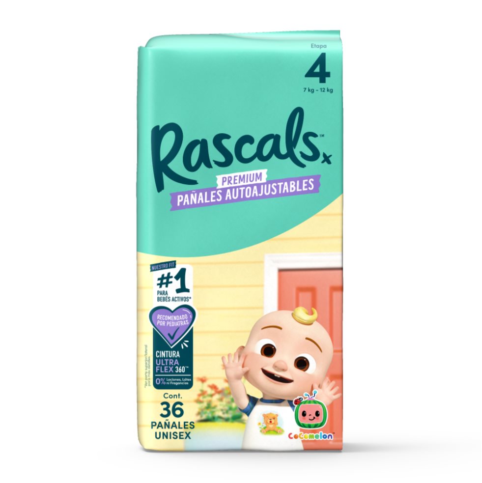 Pañales Rascal Cocomelon Panty T_4 Bebé 7-12 Kg 36 Unds Rascals Baby Paquete x 36 