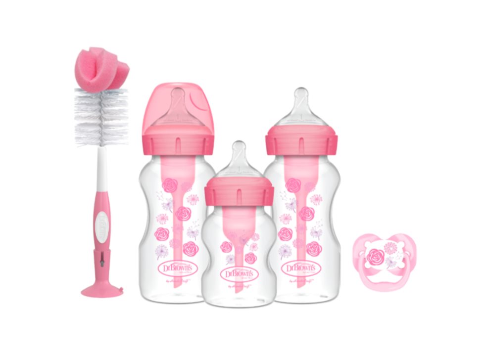 Teteros Cepillo Y Chupo Dr Brown's Set De Regalo Recien Nacido Rosado Dr Brown's Pack x 5 Este completo set de regalo está compuesto de teteros Options+, un tetero diferente a los demás por su sistema de ventilación interna que evita que el niño ingiera aire al alimentarse, esto  disminuye