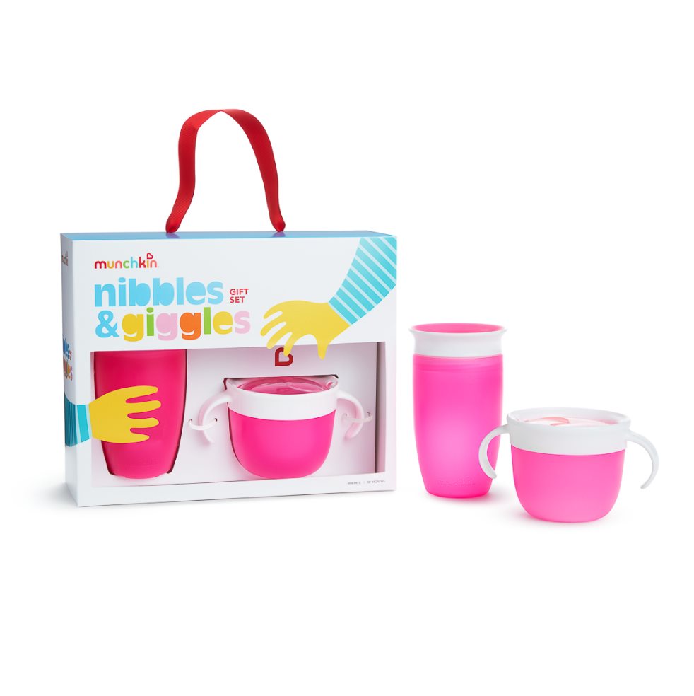 Set de Comedor Nibbles Rosado Vaso 360° y Bowl Bebe Munchkin Munchkin Set x 1 Set de bowl para snacks y vaso miracle, perfecto para el hogar, la guardería o el uso en movimiento. Dos elemetos esenciales para mantener el orden en el hogar, en el carro o donde sea. 
El bowl para 