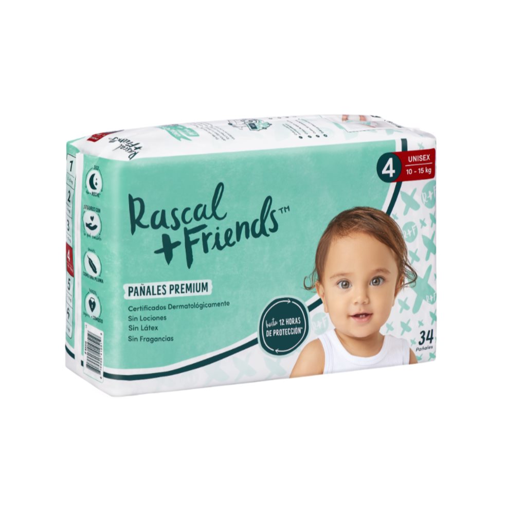 Pañales Rascals Baby Talla-4 Bebé de 10 a 15 Kg por 34 Unds Rascals Baby Paquete x 34 