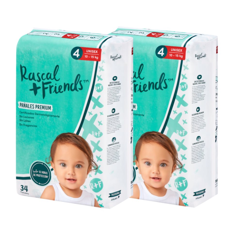 Pañales Rascals Baby Talla 4 Set x 2 Paquetes 10-15 Kg Rascals Baby Paquete x 34 