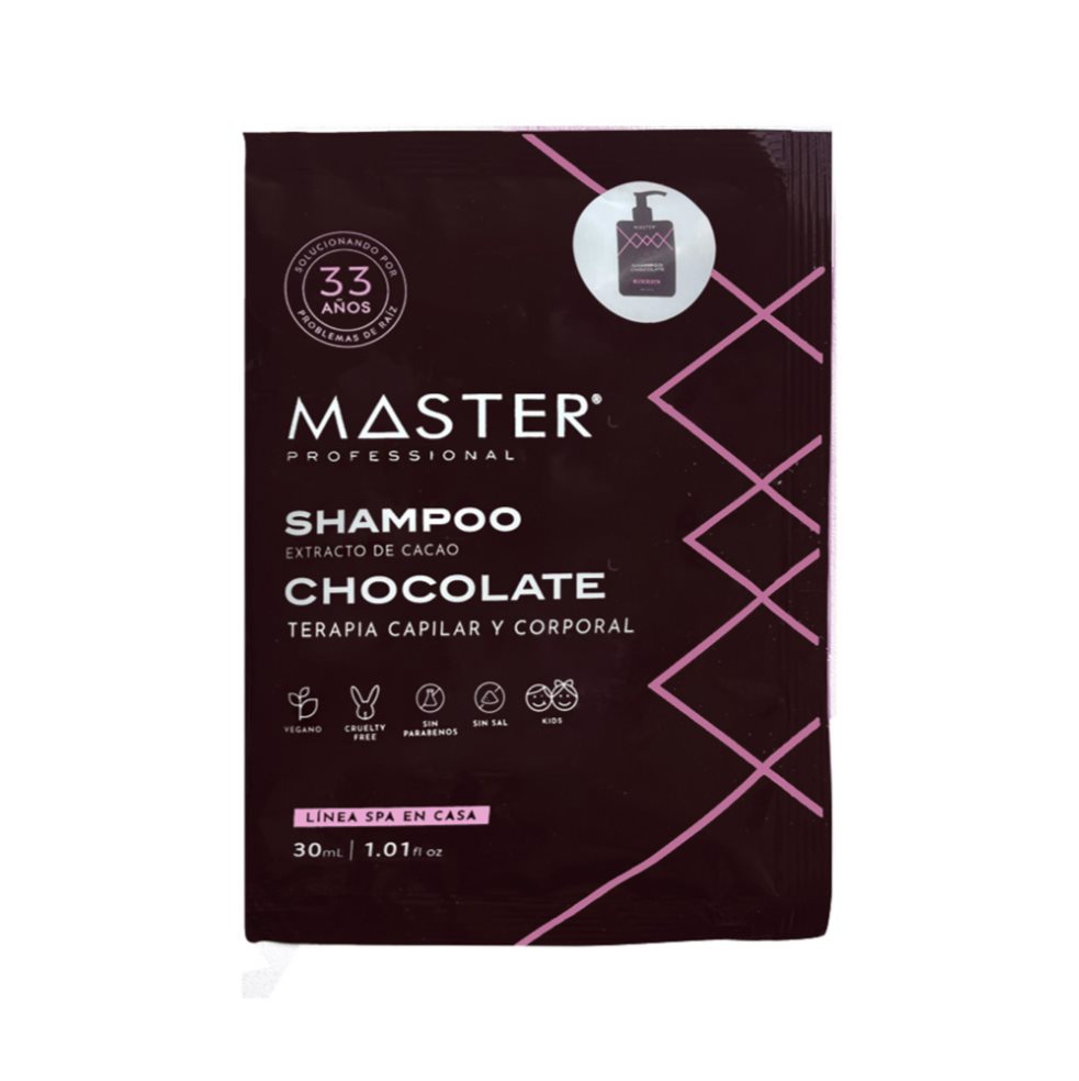 Shampoo Chocolate Sobres 24 Uds x 30 ml MASTER PROFESSIONAL Sobres x 24 Uds Shampoo Chocolate 24 Uds x 30 ml
EXTRACTO DE CACAO: Contiene Magnesio y Vitaminas A, E y B2 de la semilla del cacao con propiedades reparadoras y vigorizantes. Teobromina estimulante natural de la ci