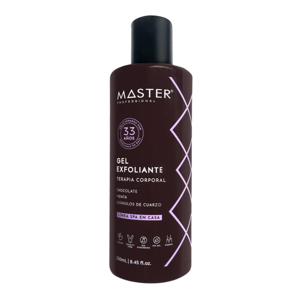 Gel Exfoliante Cuarzo-Menta-Chocolate X 250 ml MASTER PROFESSIONAL Frasco x 250 ml x 1 und Gel Exfoliante Cuarzo-Menta-Chocolate X 250 ml
CHOCOLATE: Contiene Magnesio y Vitaminas A, E y B2 de la semilla del CACAO con propiedades reparadoras y vigorizantes. Teobromina, estimulante natural d