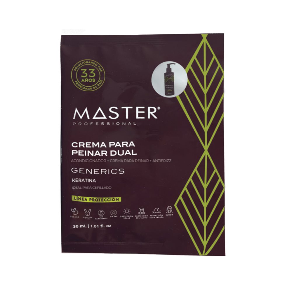 Crema Para Peinar Dual Keratina Generics Sobres 24 Uds x 30 ml MASTER PROFESSIONAL Crema Para Peinar Sobres x 24 Uds Crema Para Peinar Dual Keratina Generics Sobres 24 Uds x 30 ml
Desenreda, hidrata y controla el frizz sin generar peso al cabello. Sus ingredientes naturales restauran la fibra capilar y estimulan su