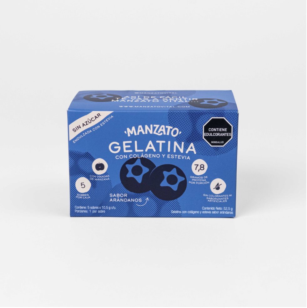 Gelatina sabor Arándanos con colágeno y estevia x5 sobres MANZATO 52,5g x 1 Gelatina sabor Arándanos con colágeno y estevia x5 sobres MANZATO 52,5g x 1