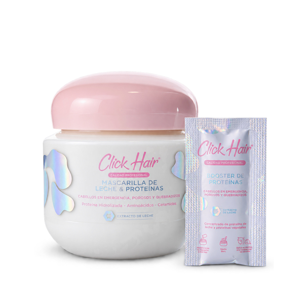Kit Mascarilla y Booster de Proteínas Click Hair  Envase y Sachet en material laminado. x 1