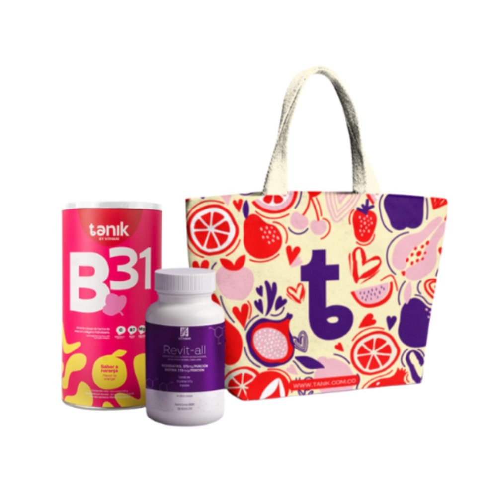 COLAGENO B31 + RESVERATROL + TOTE BAG TANIK POLVO x 2 El detalle ideal para parejas que creen que cuidarse juntos es el mejor regalo.
Mientras el colágeno B31 fortalece cabello, piel, uñas y articulaciones desde adentro, el Resveratrol con Biotina poten