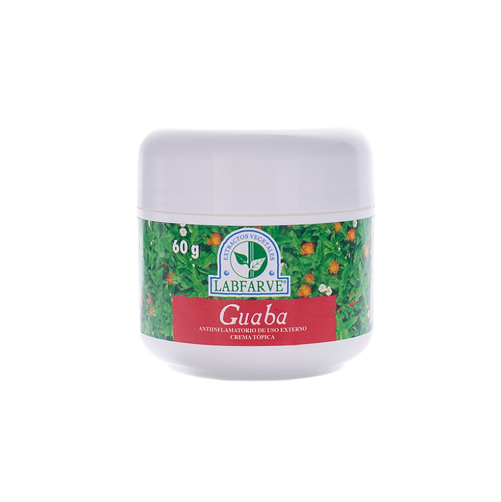 GUABA CREMA DE LABFARVE X 60 GR LABFARVE CREMA X 60 GRAMOS x 1 - Uso terapéutico: Antiinflamatorio de uso externo.
- Composición: Cada 100 g contiene: Extracto 1:1 de raíces de guaba (Phytolacca bogotensis) en alcohol del 28% - 10 g.
- Posología: Aplicar