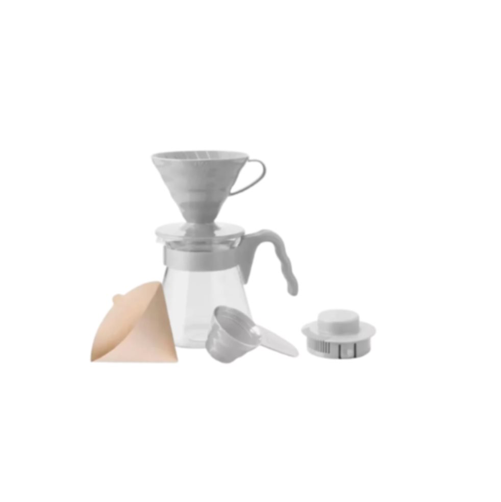 Kit Cono Goteo Hario V60 02 Acrílico Con Jarra Vidrio 600ml + Filtros + Cuchara Hario  Caja  x 1 Kit Cono de Goteo Ref. 2: es un conjunto completo que incluye todo lo necesario para preparar café de goteo con facilidad.
Incluye: Jarra de vidrio, cono de plástico y filtros x 40und