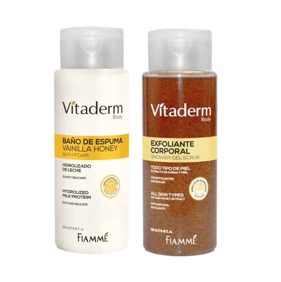 Combo Vitaderm Body Baño de Espuma Vainilla Honey 280 ml + Exfoliante Corporal 280 ml Fiamme frasco x 20 Combo Vitaderm Body Baño de Espuma Vainilla Honey 280 ml + Exfoliante Corporal 280 ml Fiamme frasco x 20