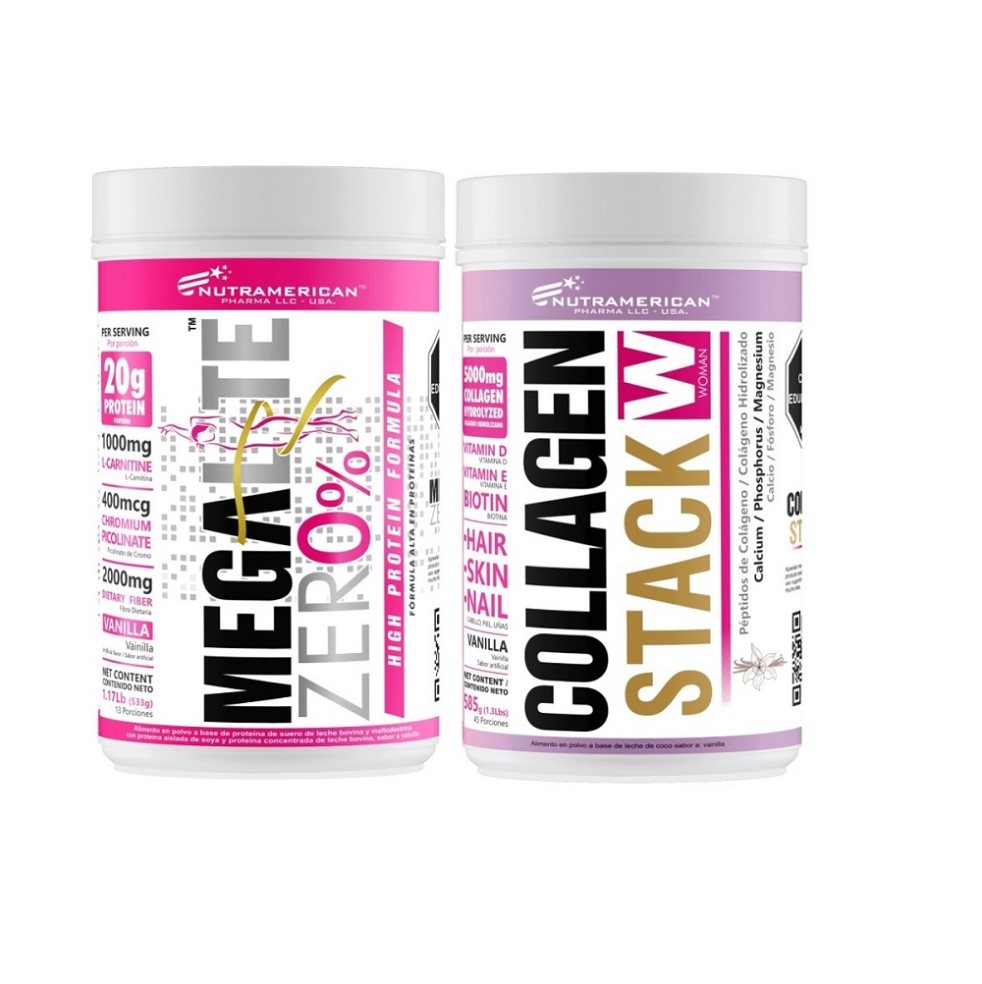 Combo proteina Megalite Zero % 1.17 lb + Colágeno Collagen Stack 585 g. NUTRAMERICANPHARMA Tarro x 1.17 Lb (533g) y 0.8 Lb (360g) 