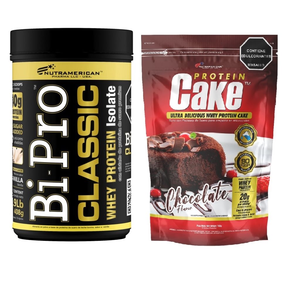 Combo Proteina Bipro Classic Vainilla 1 lb + Protein Cake Chocolate Torta + Cake + Snack NUTRAMERICANPHARMA Tarro x 0.9 Lb (408g) y 1.54 Lb (700g) Combo para para máxima fuerza y ​​volumen muscular, se compone de 1 Bipro Classic 1 lb, es una proteína de suero de alta pureza y concentración, con mínimos niveles de grasa y lactosa. 1 Protein Cake,
