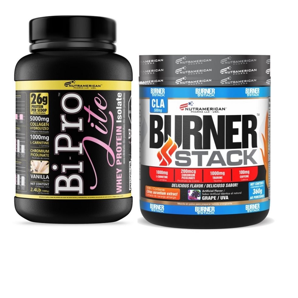 Combo proteína Bipro Lite 2.4 lb+ Burner Stack 0.8 lb NUTRAMERICANPHARMA Tarro x 2.4 Lb (1080g) y 0.8 Lb (360g) 