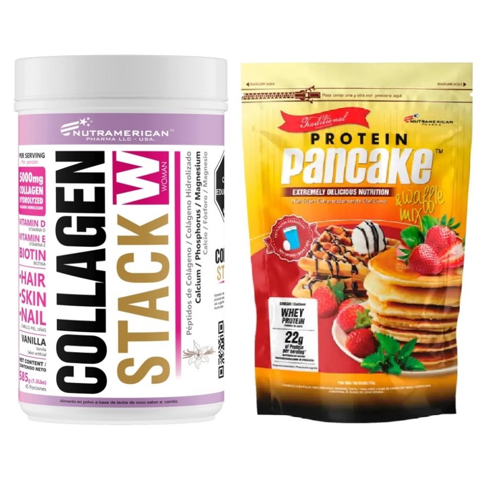Combo Colageno hidrolizado Collagen Stack 585 g + Protein Pancake Tradicional 1.65 LB Pancakes + Waffles + Crepes NUTRAMERICANPHARMA Tarro x 1.29 Lb (585g) y 1.65 Lb (750g) 