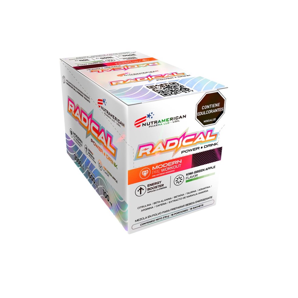 Radical Power Drink Pre-Workout Pre-entreno NUTRAMERICANPHARMA Caja x Caja X 18 Sobres 216 g x 12 g c/u) 