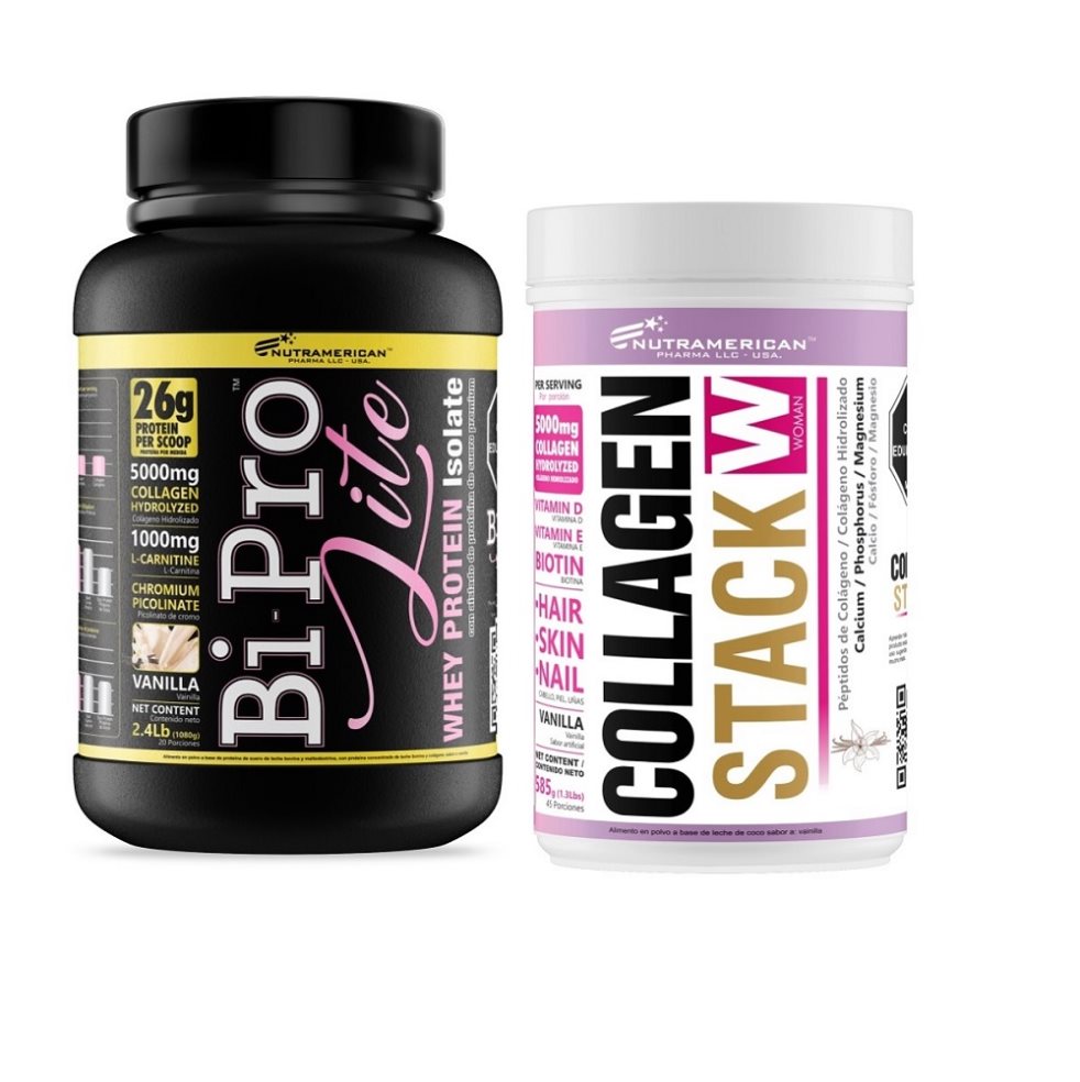 Combo proteína Bipro Lite 2.4 lb + Colágeno Collagen Stack 585 g. NUTRAMERICANPHARMA Tarro x 2.4 Lb (1080g) y 0.8 Lb (360g) 