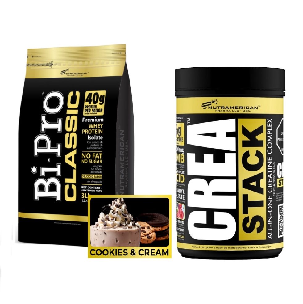 Combo Proteina Bipro Classic Cookies and Cream 3 lb + Creatina Crea Stack 1.3 LB NUTRAMERICANPHARMA Tarro x 3 Lb (1362g) y 1.3 Lb (600g) Combo para para máxima fuerza y ​​volumen muscular, se compone de 1 Bipro Classic 2 lb, es una proteína de suero de alta pureza y concentración, con mínimos niveles de grasa y lactosa.1 Crea Stack, es