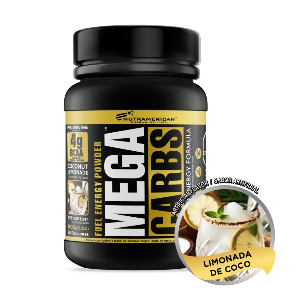 Mega Carbs Limonada de Coco 1.6 LB Hidratante y recuperador NUTRAMERICANPHARMA Tarro x 2.2 lb (1.000g) 