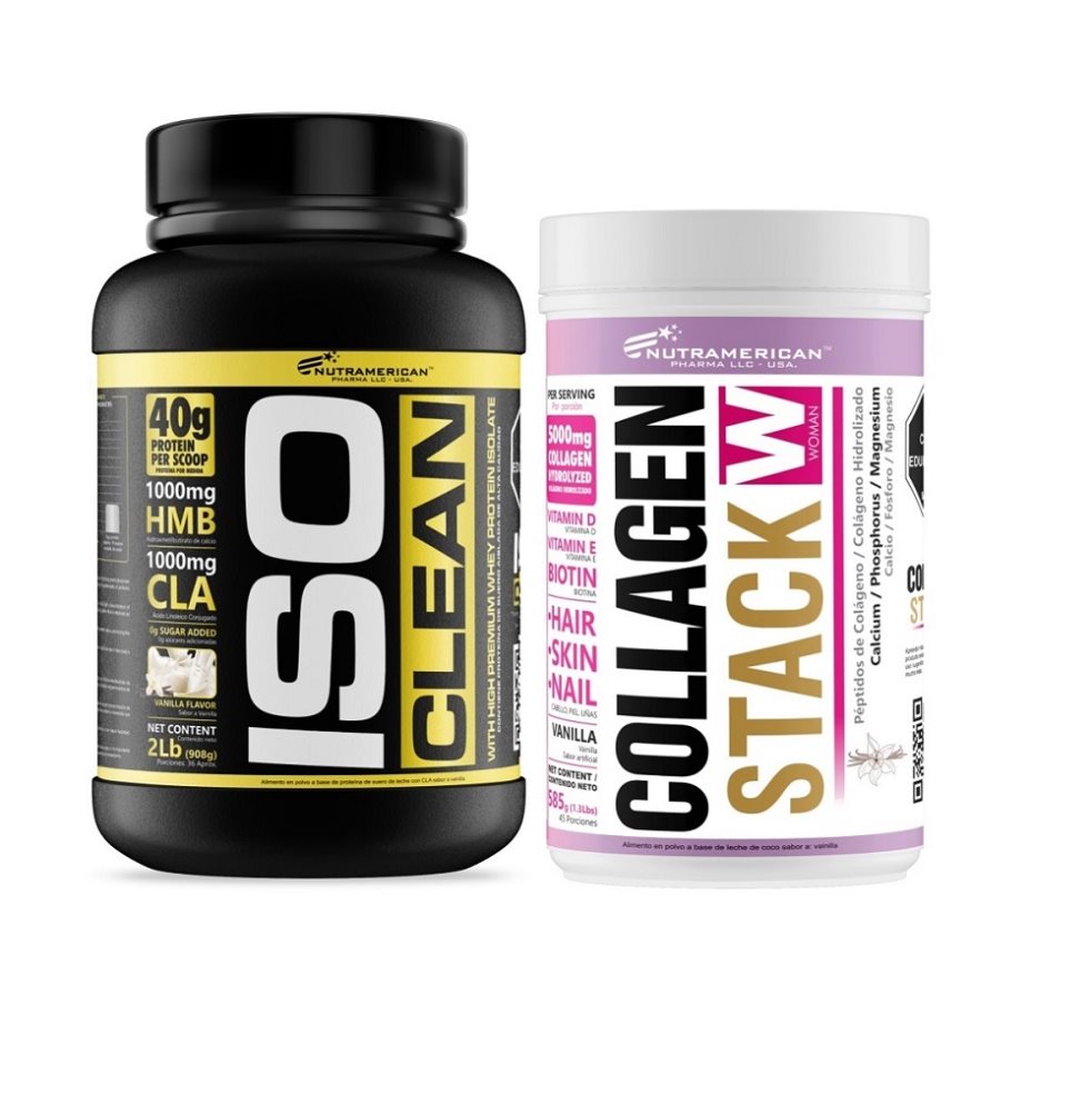 Combo proteina Iso Clean 2 lb + Colágeno Collagen Stack NUTRAMERICANPHARMA Tarro x 2 Lb (908g) y 0.8 Lb (360g) 