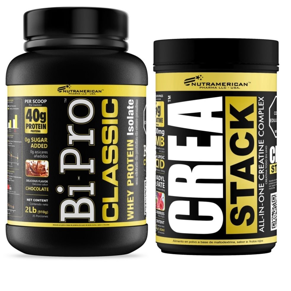 Combo Proteina Bipro Classic Chocolate 2 lb + Creatina Crea Stack 1.3 LB NUTRAMERICANPHARMA Tarro x 2 Lb (910g) y 1.3 Lb (600g) 